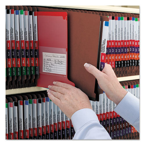 Smead® wholesale. End Tab Pressboard Classification Folders With Safeshield Coated Fasteners, 2 Dividers, Letter Size, Red, 10-box. HSD Wholesale: Janitorial Supplies, Breakroom Supplies, Office Supplies.