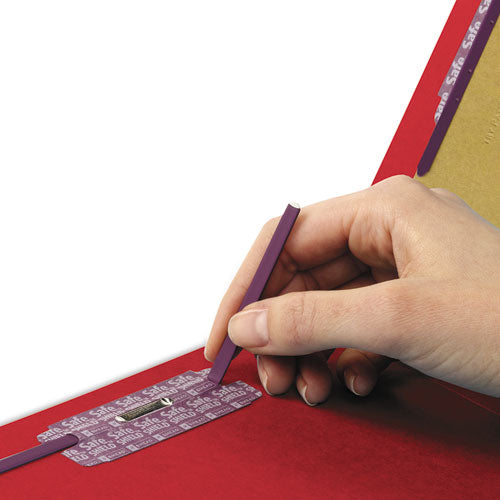 Smead® wholesale. End Tab Pressboard Classification Folders With Safeshield Fasteners, 2 Dividers, Legal Size, Bright Red, 10-box. HSD Wholesale: Janitorial Supplies, Breakroom Supplies, Office Supplies.
