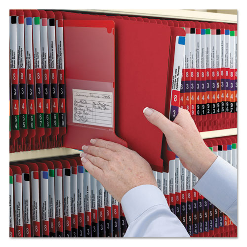 Smead® wholesale. End Tab Pressboard Classification Folders With Safeshield Fasteners, 2 Dividers, Legal Size, Bright Red, 10-box. HSD Wholesale: Janitorial Supplies, Breakroom Supplies, Office Supplies.