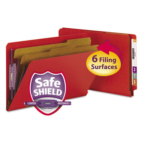 Smead® wholesale. End Tab Pressboard Classification Folders With Safeshield Fasteners, 2 Dividers, Legal Size, Bright Red, 10-box. HSD Wholesale: Janitorial Supplies, Breakroom Supplies, Office Supplies.