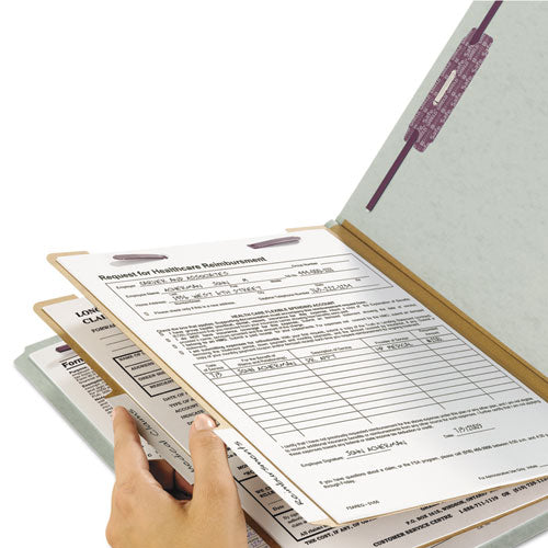 Smead® wholesale. End Tab Pressboard Classification Folders With Safeshield Coated Fasteners, 2 Dividers, Legal Size, Gray-green, 10-box. HSD Wholesale: Janitorial Supplies, Breakroom Supplies, Office Supplies.