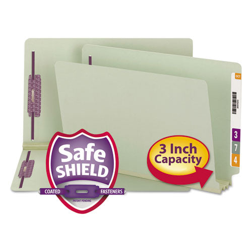 Smead® wholesale. End Tab 3" Expansion Pressboard File Folders With Two Safeshield Coated Fasteners, Straight Tab, Legal, Gray-green, 25-box. HSD Wholesale: Janitorial Supplies, Breakroom Supplies, Office Supplies.