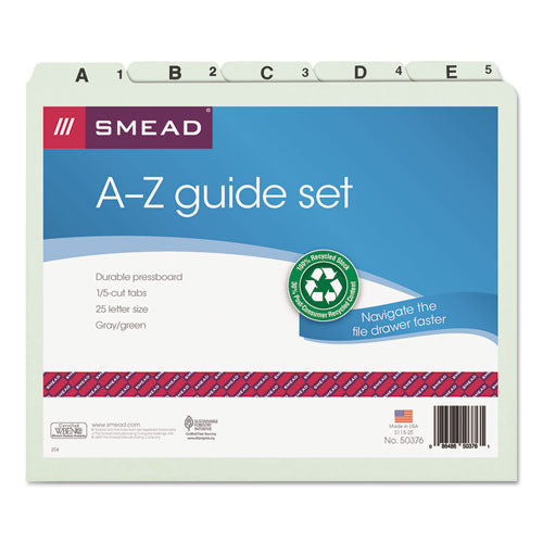 Smead® wholesale. Alphabetic Top Tab Indexed File Guide Set, 1-5-cut Top Tab, A To Z, 8.5 X 11, Green, 25-set. HSD Wholesale: Janitorial Supplies, Breakroom Supplies, Office Supplies.