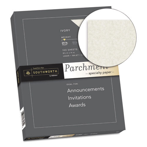 Southworth® wholesale. Parchment Specialty Paper, 24 Lb, 8.5 X 11, Ivory, 100-pack. HSD Wholesale: Janitorial Supplies, Breakroom Supplies, Office Supplies.