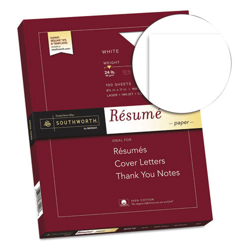 Southworth® wholesale. 100% Cotton Resume Paper, 95 Bright, 24 Lb, 8.5 X 11, White, 100-pack. HSD Wholesale: Janitorial Supplies, Breakroom Supplies, Office Supplies.