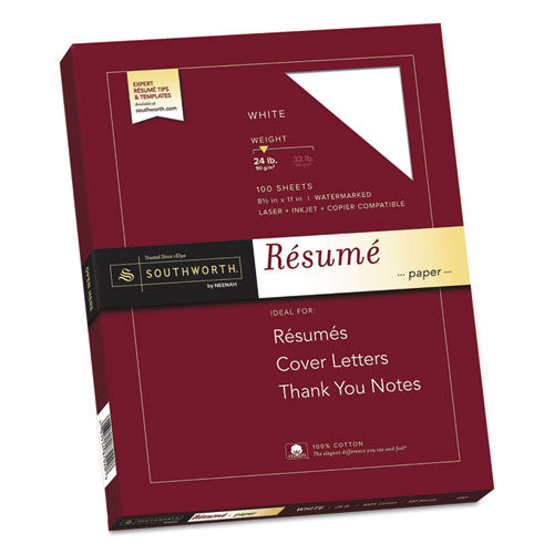 Southworth® wholesale. 100% Cotton Resume Paper, 95 Bright, 24 Lb, 8.5 X 11, White, 100-pack. HSD Wholesale: Janitorial Supplies, Breakroom Supplies, Office Supplies.