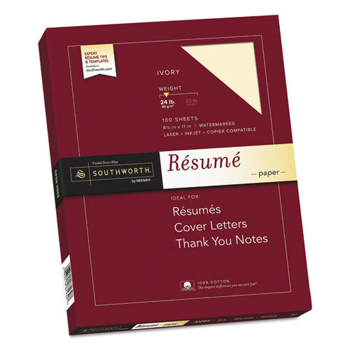 Southworth® wholesale. 100% Cotton Resume Paper, 24 Lb, 8.5 X 11, Ivory, 100-pack. HSD Wholesale: Janitorial Supplies, Breakroom Supplies, Office Supplies.