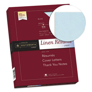 Southworth® wholesale. 100% Cotton Premium Weight Linen Resume Paper, 32 Lb, 8.5 X 11, Blue, 100-pack. HSD Wholesale: Janitorial Supplies, Breakroom Supplies, Office Supplies.