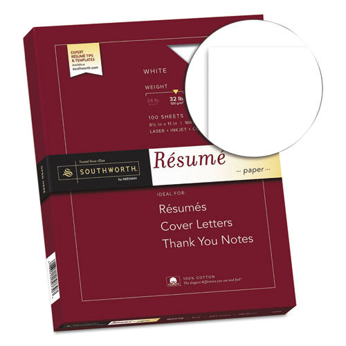 Southworth® wholesale. 100% Cotton Resume Paper, 95 Bright, 32 Lb, 8.5 X 11, White, 100-pack. HSD Wholesale: Janitorial Supplies, Breakroom Supplies, Office Supplies.