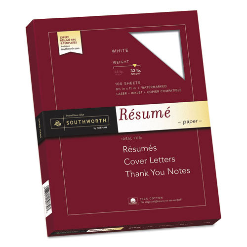 Southworth® wholesale. 100% Cotton Resume Paper, 95 Bright, 32 Lb, 8.5 X 11, White, 100-pack. HSD Wholesale: Janitorial Supplies, Breakroom Supplies, Office Supplies.