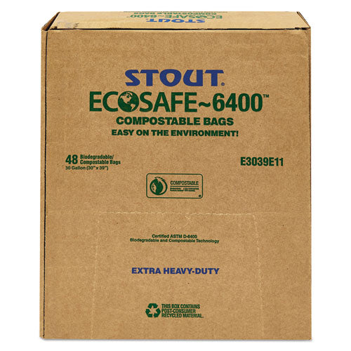 Stout® by Envision™ wholesale. Ecosafe-6400 Bags, 30 Gal, 1.1 Mil, 30" X 39", Green, 48-box. HSD Wholesale: Janitorial Supplies, Breakroom Supplies, Office Supplies.