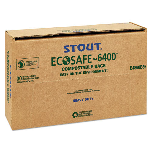 Stout® by Envision™ wholesale. Ecosafe-6400 Bags, 64 Gal, 0.85 Mil, 48" X 60", Green, 30-box. HSD Wholesale: Janitorial Supplies, Breakroom Supplies, Office Supplies.