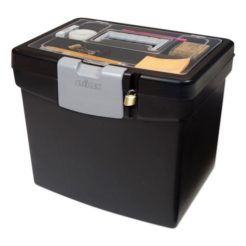 Storex wholesale. Portable File Box With Large Organizer Lid, Letter Files, 13.25" X 10.88" X 11", Black. HSD Wholesale: Janitorial Supplies, Breakroom Supplies, Office Supplies.