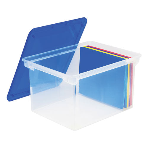 Storex wholesale. Plastic File Tote, Letter-legal Files, 18.5" X 14.25" X 10.88", Clear-blue. HSD Wholesale: Janitorial Supplies, Breakroom Supplies, Office Supplies.