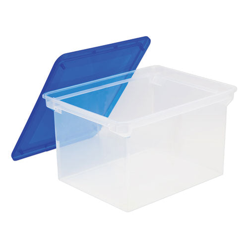 Storex wholesale. Plastic File Tote, Letter-legal Files, 18.5" X 14.25" X 10.88", Clear-blue. HSD Wholesale: Janitorial Supplies, Breakroom Supplies, Office Supplies.