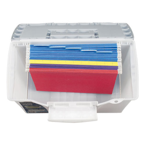 Storex wholesale. Portable Letter-legal Filebox With Organizer Lid, Letter-legal Files, 14.5" X 10.5" X 12", Clear-silver. HSD Wholesale: Janitorial Supplies, Breakroom Supplies, Office Supplies.