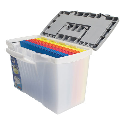 Storex wholesale. Portable Letter-legal Filebox With Organizer Lid, Letter-legal Files, 14.5" X 10.5" X 12", Clear-silver. HSD Wholesale: Janitorial Supplies, Breakroom Supplies, Office Supplies.