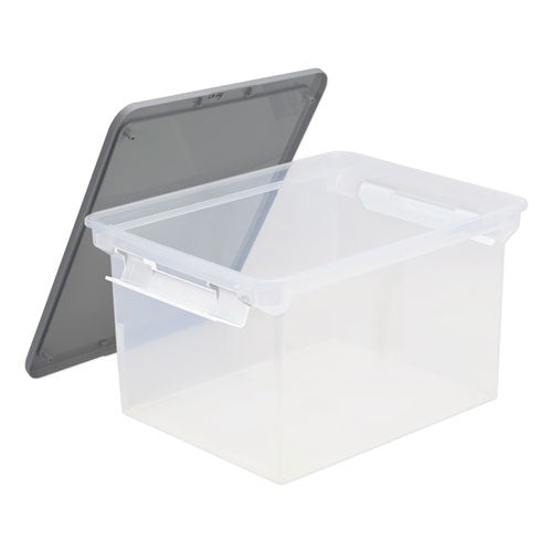 Storex wholesale. Portable File Tote With Locking Handles, Letter-legal Files, 18.5" X 14.25" X 10.88", Clear-silver. HSD Wholesale: Janitorial Supplies, Breakroom Supplies, Office Supplies.