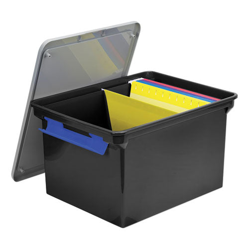 Storex wholesale. Portable File Tote With Locking Handles, Letter-legal Files, 18.5" X 14.25" X 10.88", Black-silver. HSD Wholesale: Janitorial Supplies, Breakroom Supplies, Office Supplies.
