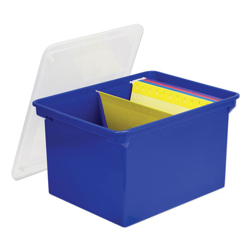 Storex wholesale. Plastic File Tote, Letter-legal Files, 18.5" X 14.25" X 10.88", Blue-clear. HSD Wholesale: Janitorial Supplies, Breakroom Supplies, Office Supplies.