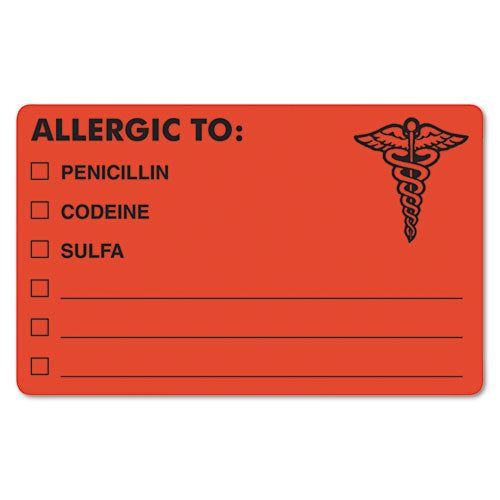 Tabbies® wholesale. Allergy Warning Labels, Allergic To: Penicilln, Codeine, Sulfa, 2.5 X 4, Fluorescent Red, 100-roll. HSD Wholesale: Janitorial Supplies, Breakroom Supplies, Office Supplies.