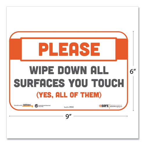 Tabbies® wholesale. Besafe Messaging Repositionable Wall-door Signs, 9 X 6, Please Wipe Down All Surfaces You Touch, White, 3-pack. HSD Wholesale: Janitorial Supplies, Breakroom Supplies, Office Supplies.