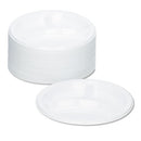 Tablemate® wholesale. Plastic Dinnerware, Compartment Plates, 9" Dia, White, 125-pack. HSD Wholesale: Janitorial Supplies, Breakroom Supplies, Office Supplies.