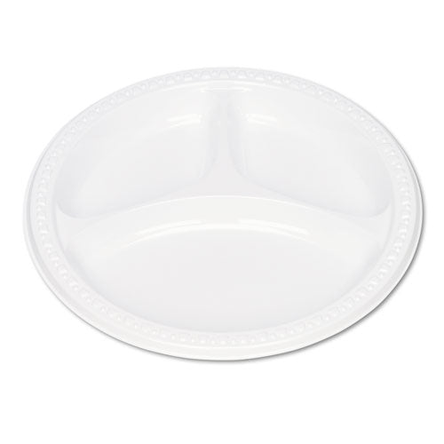 Tablemate® wholesale. Plastic Dinnerware, Compartment Plates, 9" Dia, White, 125-pack. HSD Wholesale: Janitorial Supplies, Breakroom Supplies, Office Supplies.