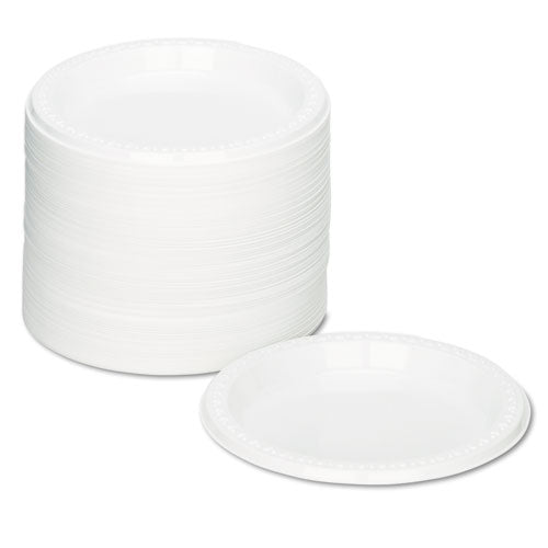 Tablemate® wholesale. Plastic Dinnerware, Plates, 7" Dia, White, 125-pack. HSD Wholesale: Janitorial Supplies, Breakroom Supplies, Office Supplies.