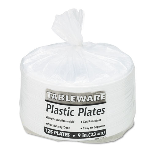 Tablemate® wholesale. Plastic Dinnerware, Plates, 9" Dia, White, 125-pack. HSD Wholesale: Janitorial Supplies, Breakroom Supplies, Office Supplies.