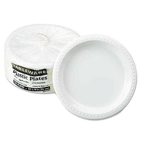 Tablemate® wholesale. Plastic Dinnerware, Plates, 10 1-4" Dia, White, 125-pack. HSD Wholesale: Janitorial Supplies, Breakroom Supplies, Office Supplies.