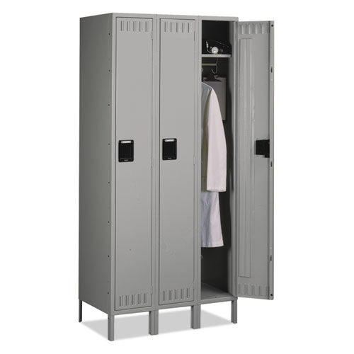 Tennsco wholesale. Single Tier Locker With Legs, Three Units, 36w X 18d X 78h, Medium Gray. HSD Wholesale: Janitorial Supplies, Breakroom Supplies, Office Supplies.