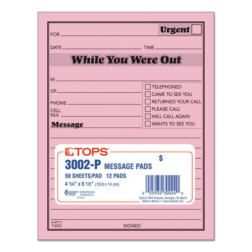 TOPS™ wholesale. TOPS While You Were Out, One-sided, 4 1-4 X 5 1-2, 50-pad, Dozen. HSD Wholesale: Janitorial Supplies, Breakroom Supplies, Office Supplies.