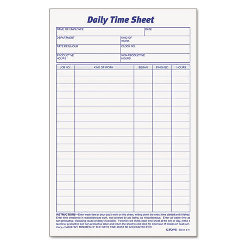 TOPS™ wholesale. TOPS Daily Time And Job Sheets, 8 1-2 X 5 1-2, 200-pad, 2-pack. HSD Wholesale: Janitorial Supplies, Breakroom Supplies, Office Supplies.