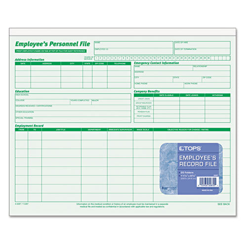 TOPS™ wholesale. TOPS Employee's Record File Folders, Straight Tab, Letter Size, Green, 20-pack. HSD Wholesale: Janitorial Supplies, Breakroom Supplies, Office Supplies.