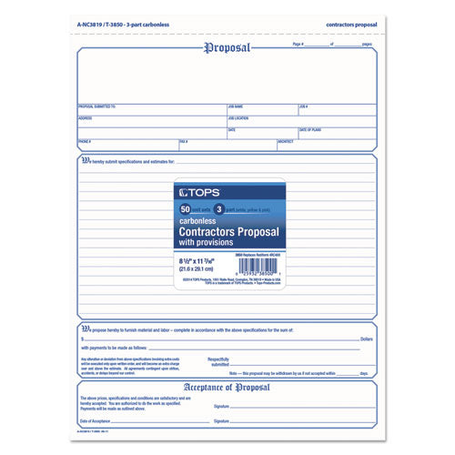 TOPS™ wholesale. TOPS Proposal Form, 8-1-2 X 11, Three-part Carbonless, 50 Forms. HSD Wholesale: Janitorial Supplies, Breakroom Supplies, Office Supplies.