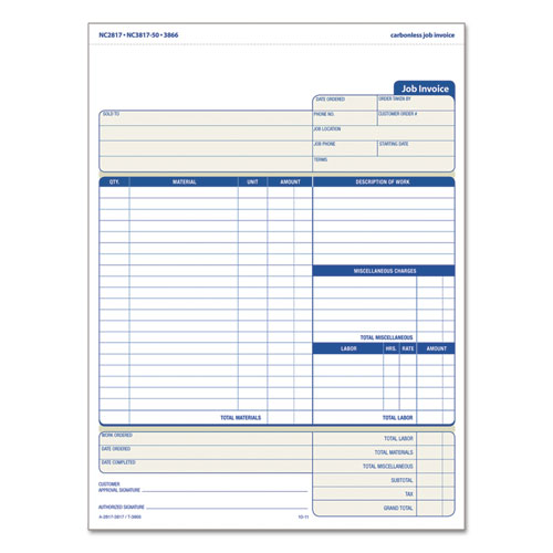 TOPS Snap-off Job Invoice Form, 8 1-2 X 11 5-8, Three-part Carbonless,