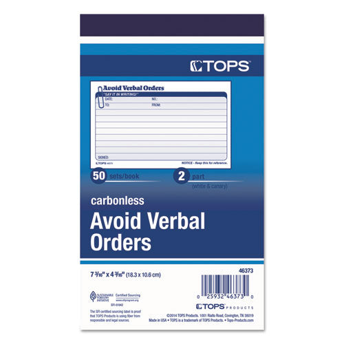 TOPS™ wholesale. TOPS Avoid Verbal Orders Manifold Book, 6 1-4 X 4 1-4, 2-part Carbonless, 50 Sets-bk. HSD Wholesale: Janitorial Supplies, Breakroom Supplies, Office Supplies.