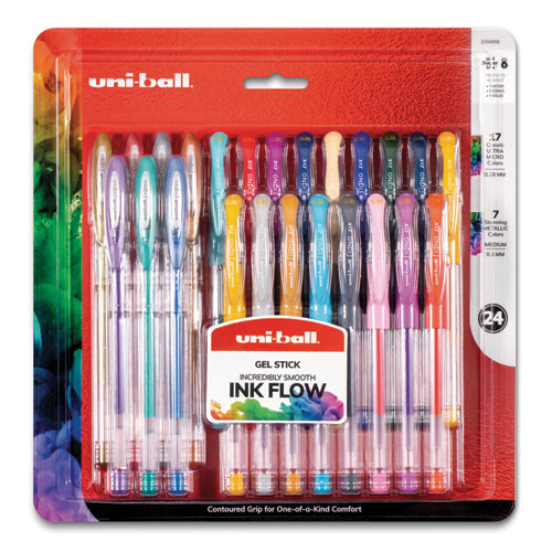 uni-ball® wholesale. UNIBALL Stick Gel Pen, 17 Micro; 7 Med, Assorted Ink, Clear Barrel, 24-set. HSD Wholesale: Janitorial Supplies, Breakroom Supplies, Office Supplies.