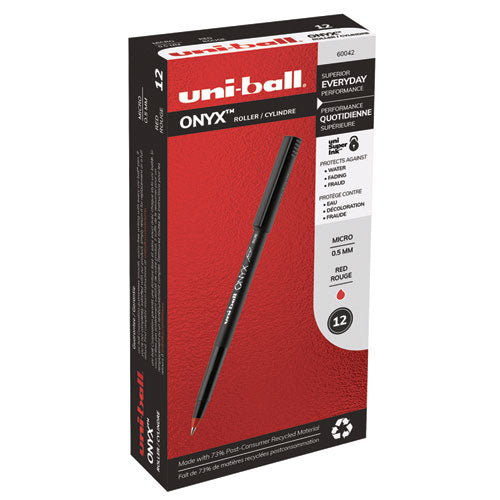 uni-ball® wholesale. UNIBALL Onyx Stick Roller Ball Pen, Micro 0.5 Mm, Red Ink, Black Matte Barrel, Dozen. HSD Wholesale: Janitorial Supplies, Breakroom Supplies, Office Supplies.