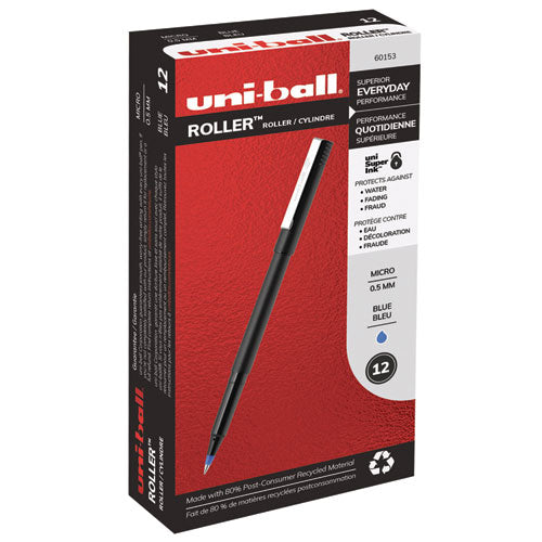 uni-ball® wholesale. UNIBALL Stick Roller Ball Pen, Micro 0.5mm, Blue Ink, Black Matte Barrel, Dozen. HSD Wholesale: Janitorial Supplies, Breakroom Supplies, Office Supplies.