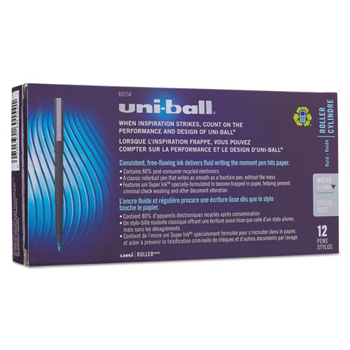 uni-ball® wholesale. UNIBALL Stick Roller Ball Pen, Micro 0.5mm, Green Ink, Black Matte Barrel, Dozen. HSD Wholesale: Janitorial Supplies, Breakroom Supplies, Office Supplies.