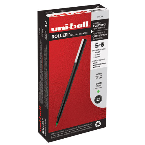 uni-ball® wholesale. UNIBALL Stick Roller Ball Pen, Micro 0.5mm, Green Ink, Black Matte Barrel, Dozen. HSD Wholesale: Janitorial Supplies, Breakroom Supplies, Office Supplies.