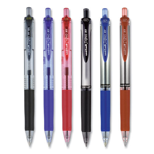 uni-ball® wholesale. UNIBALL Signo Retractable Gel Pen, 0.7mm, Red Ink, Red-metallic Barrel, Dozen. HSD Wholesale: Janitorial Supplies, Breakroom Supplies, Office Supplies.