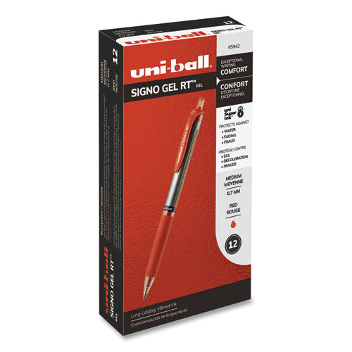 uni-ball® wholesale. UNIBALL Signo Retractable Gel Pen, 0.7mm, Red Ink, Red-metallic Barrel, Dozen. HSD Wholesale: Janitorial Supplies, Breakroom Supplies, Office Supplies.