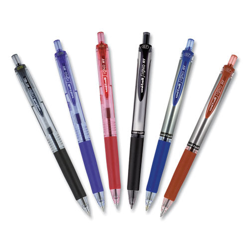 uni-ball® wholesale. UNIBALL Signo Retractable Gel Pen, 0.7mm, Red Ink, Red-metallic Barrel, Dozen. HSD Wholesale: Janitorial Supplies, Breakroom Supplies, Office Supplies.