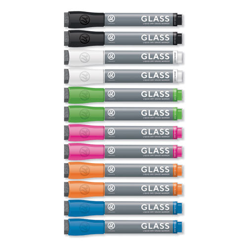 U Brands wholesale. Bullet Tip Low-odor Liquid Glass Markers With Erasers, Assorted Colors, 12-pack. HSD Wholesale: Janitorial Supplies, Breakroom Supplies, Office Supplies.