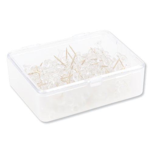 U Brands wholesale. Standard Push Pins, Plastic, Clear, Gold Pin, 7-16", 100-pack. HSD Wholesale: Janitorial Supplies, Breakroom Supplies, Office Supplies.