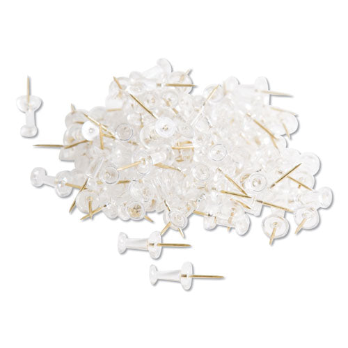 U Brands wholesale. Standard Push Pins, Plastic, Clear, Gold Pin, 7-16", 100-pack. HSD Wholesale: Janitorial Supplies, Breakroom Supplies, Office Supplies.