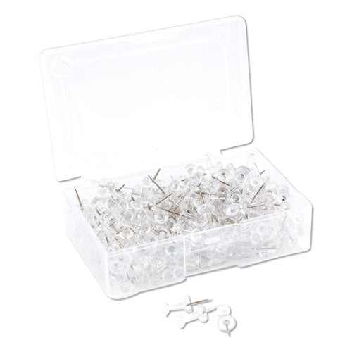 U Brands wholesale. Standard Push Pins, Plastic, Clear, Silver Pin, 7-16", 200-pack. HSD Wholesale: Janitorial Supplies, Breakroom Supplies, Office Supplies.